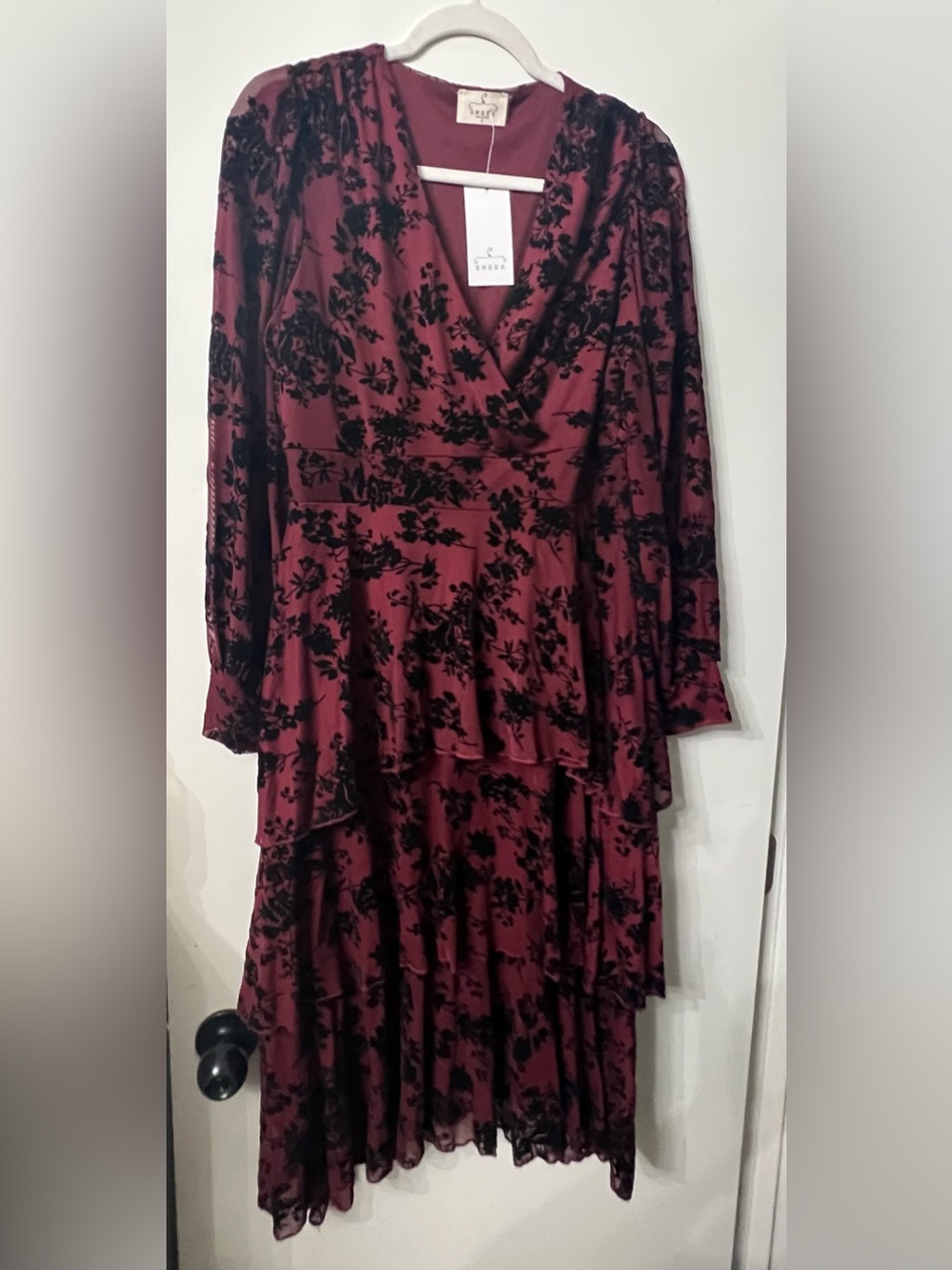 Ember New Burgundy Floral Velvet-Print Tiered Dress